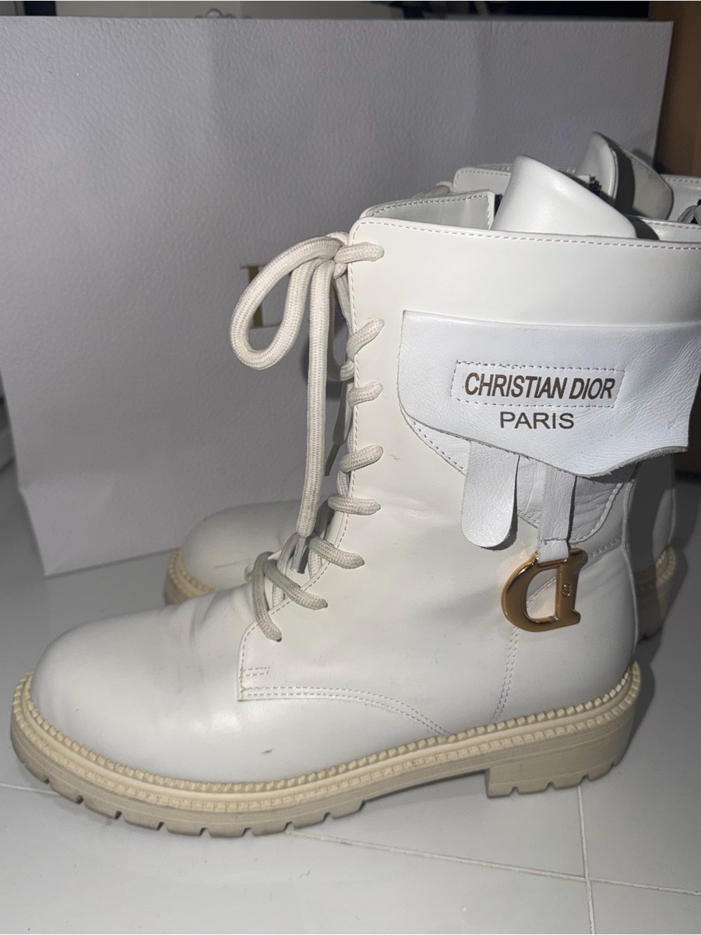 Dior White Lace-Up Combat Boots with Gold 'D' Charm